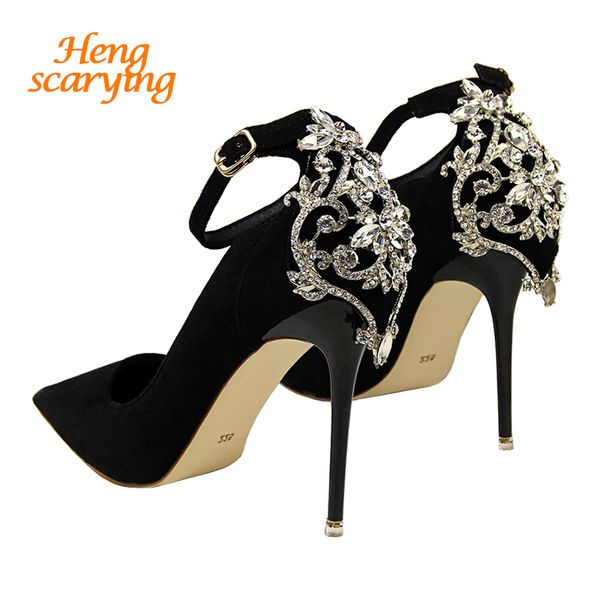 

hengscarying women luxury crystal pumps 10cm thin high heels female flock pumps scarpins pointed toe party bridal wedding shoes, Black