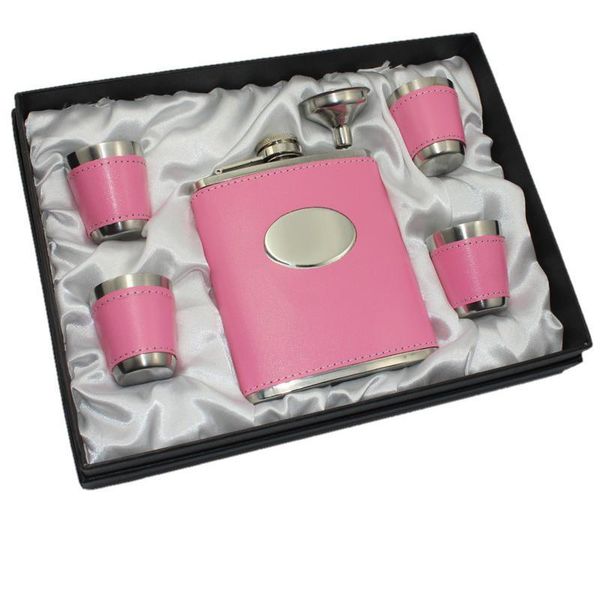 

lady's gift set ,pink leather stainless steel hip flask set 6pcs ine one set, your name can be engraved on the oval part