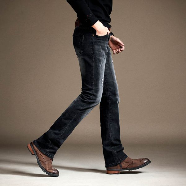 

men's slim boot cut semi-flared jeans ripped business casual jeans male mid waist elastic four seasons black bell bottom, Blue