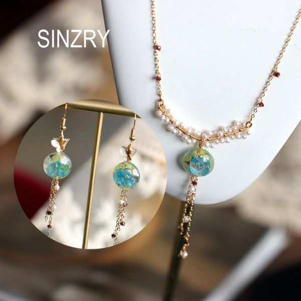 

earrings & necklace sinzry original handmade natural jewelry set freshwater pearl flower tassel pendant earring for female, Silver