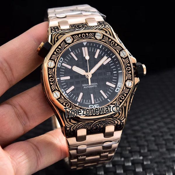 Limited New 43mm Sculpture Rose Gold Case 15710 Black Texture Dial 15703ST Automatic Mens Watch Bracciale in acciaio Orologi 4 Timezonewatch a colori