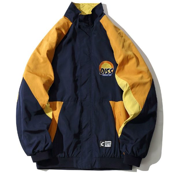 

zk embroidery diss color block patchwork jackets men casual zip up windbreaker coats loose hip hop male streetwear mens coat, Tan;black