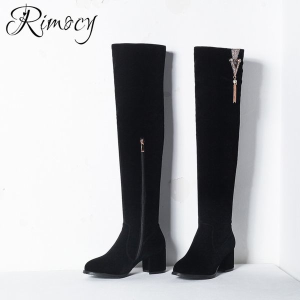 

rimocy 2018 winter fashion solid black boots elegant women new over the knee boots ladies crystal square heels round toe shoes