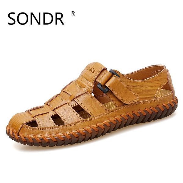 

mynde men cow leather sandals outdoor 2019 summer handmade men shoes breathable casual shoes footwear walking sandals, Black