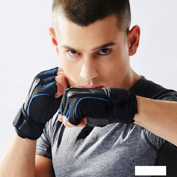 

half finger gloves bodybuilding wrist guard motion gloves men and women riding non-slip weightlifting power band dumbbell, Blue;gray