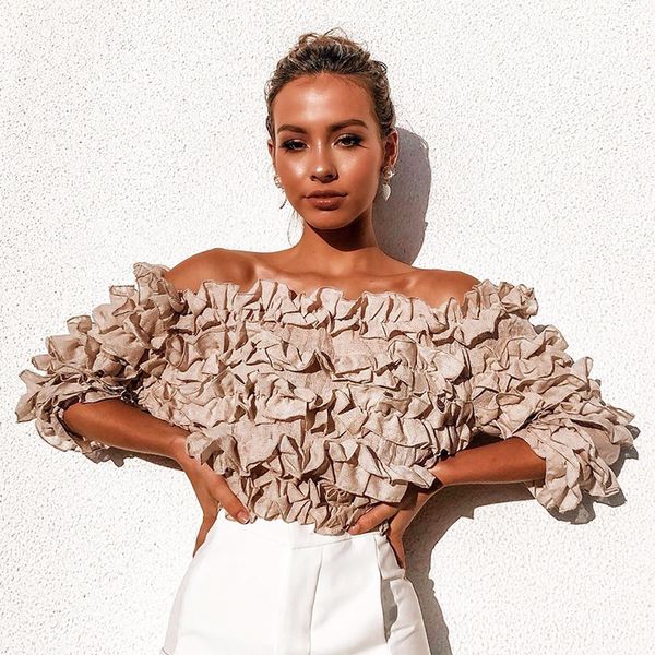 

fashion pleated shirt blouse women 2019 summer female retro ruffled lace off shoulder elegant beach blouse shirt, White