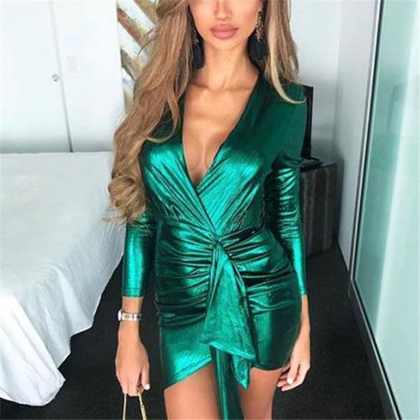 

wrap bandage bodycon dresses women deep v neck mini dress long sleeve elegant green party dress vestidos, White;black