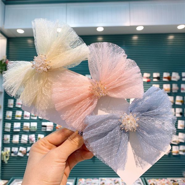 

new korea children simple beautiful plaid mesh bow duckbill clip for sweet girl fashion crystal flower hairpins hair accessories, Slivery;white