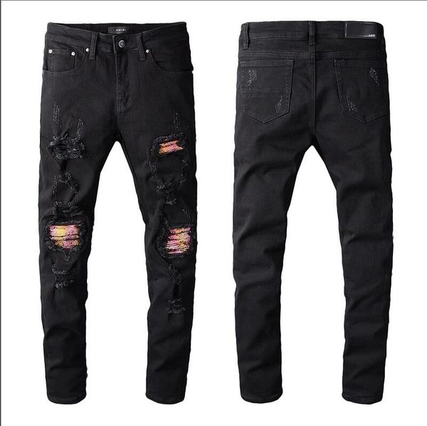 

2020sell fashion brand design summer men's denim skinny biker jean embroidery pants holes jeans button mens long pants a121, Blue