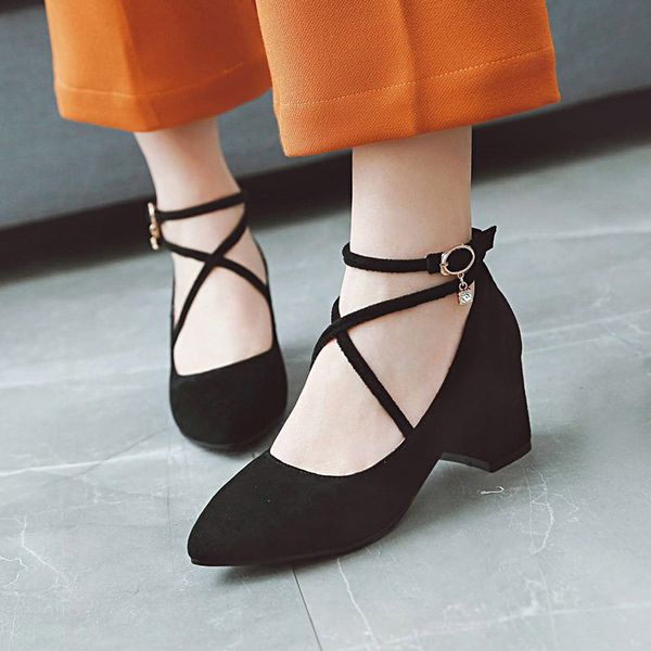 

european party pointed toe flock pumps fashion cross belt buckle black red beige rhinestone thick high heel women shoes