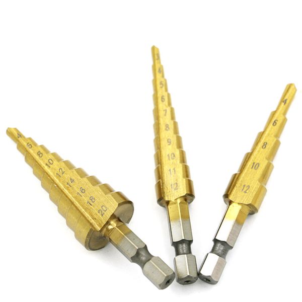 

new pratical 3 pcs hss titanium coated step drill bit 3-12mm 4-12mm 4-20mm high speed steel wood metal drilling hand tools set