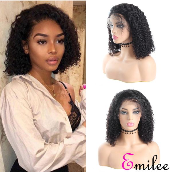 

emilee short bob jerry curly wigs indian remy hair jerry curly bob wig 14" inch pre pluck hairline with baby hair, Black;brown