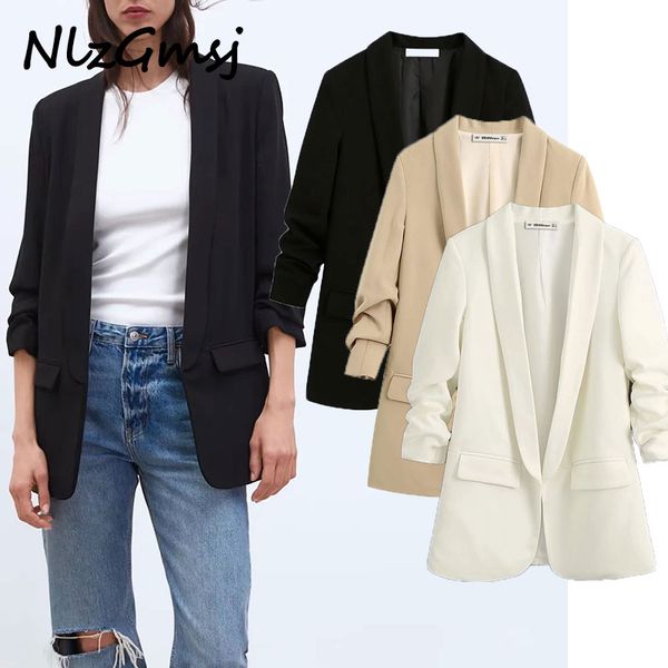 

nlzgmsj england simple office lady solid shawl collar roll up sleeve blazer women blazer mujer 2020 women blazers and jackets, White;black