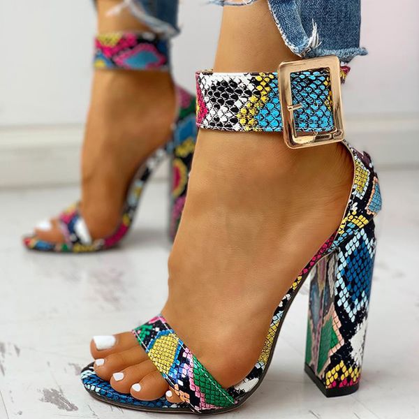 

buckle summer 2020 leopard print women high heels ankle strap square heel fashion sandals pumps dropshipping, Black
