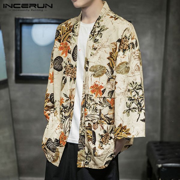 

men's casual shirts incerun men vintage loose floral blouse ethnic kimono blusas summer printed cardigan 3/4 sleeve casaco s-3xl, White;black