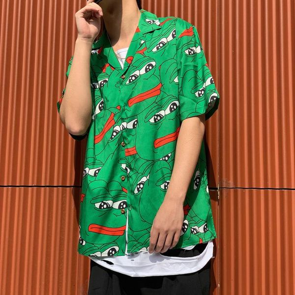 

европа весна лето мужчины прохладный сша зеленый мультфильм лягушка полной печати с коротким рукавом рубашки повседневный hip hop artistic р, White;black