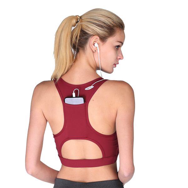 

gym clothing women yoga bra with pocket back portable mobile phone running shockproof sports professional fitness push up vest, White;black