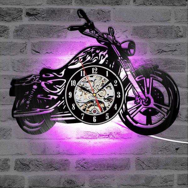 Clássico criativa 3D do registro de vinil Relógio motocicleta Fãs presente oco de Motocicleta Forma Wall Art Motorcycle Rider LED Clock Y200109