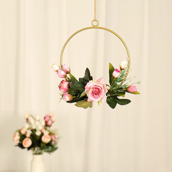 

simple style metal frame artificial flowers garland pendant faux floral hanging wreath for wall window wedding party home decor