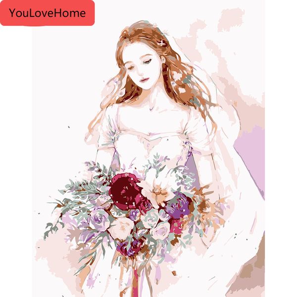 

живопись по номерам девушка diy handpainted комплекты рисунок холст картины по номерам цветок свадебное платье рисунок домашнего декора