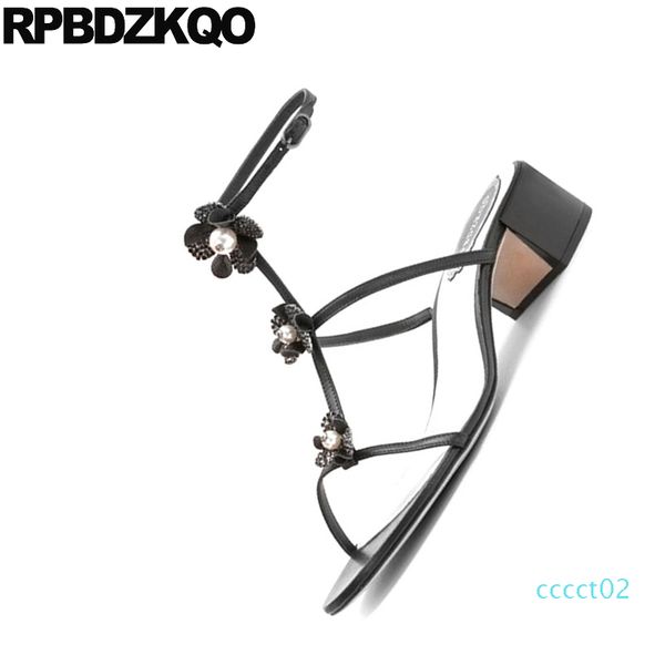 

pearl plus size pumps designer shoes women luxury 2019 wedding sandals rhinestone low heel chunky flower ankle strap gladiator 2ct, Black