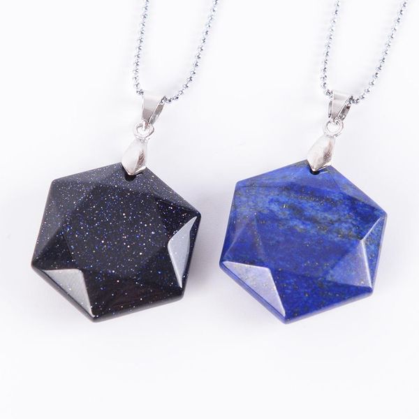 

faceted hexagonal natural gem stone necklaces & pendants opal lapis lazuli pink quartz tiger eye chakra reiki jewelry d817-d827 sqtar, Silver