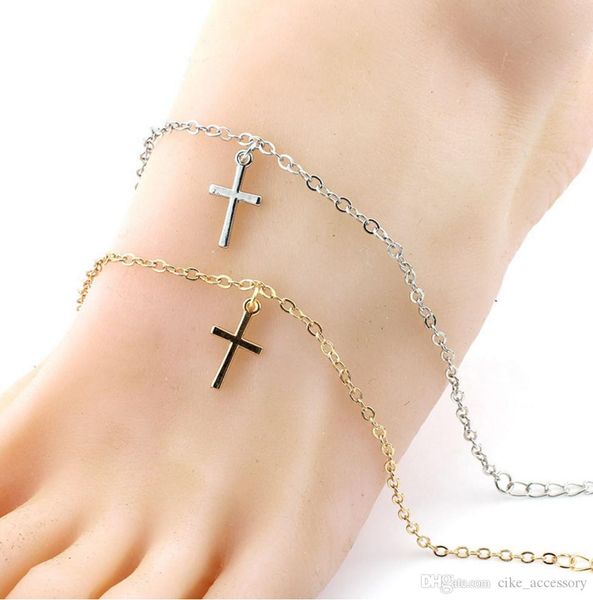

fashion jewelry simple stlye cross pendant gold silver color plated metal chain for women foot anklet gift, Red;blue