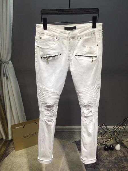 

new 18ss famous brand men's washed pleated design casual white slim biker jeans man moto denim hole jeans pants trousers, Blue