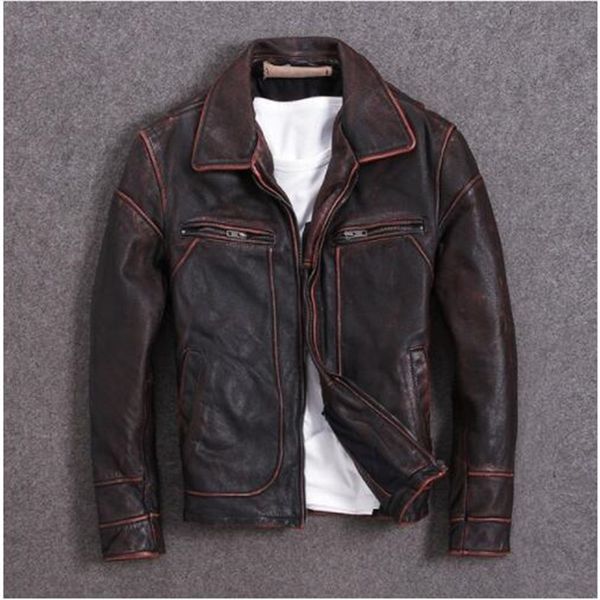 

asian plus size genuine leather jacket,men vintage brown cowhide coat,slim motor jackets.sales.brand, Black