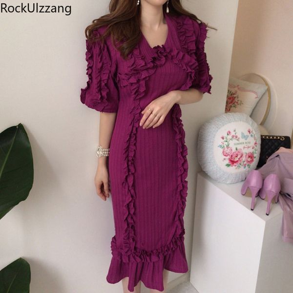 

pleated ruffles vintage luxury solid purple dress women fashion korean puff sleeve high waist summer elegant vestidos party, White;black