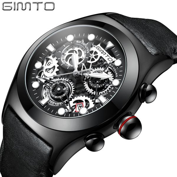 

2019 gimto vintage leather men watch fashion full black quartz men calendar wristwatches waterproof stylish male clocks gift, Slivery;brown