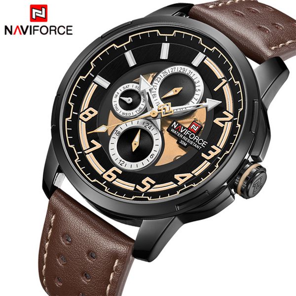 

naviforce men's luxury fashion sport watches men quartz date clock man leather military waterproof wrist watch relogio masculino, Slivery;brown