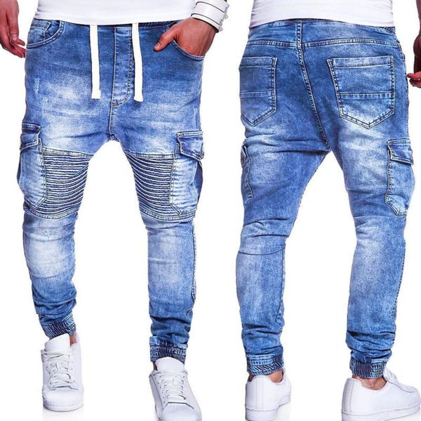 

fashion multiple pocket pleated knee slim men jeans drawstring casual long pants ing, Blue