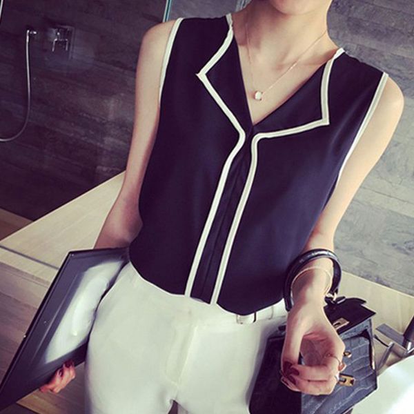 

fashion v-neck office blouses wear slim tank ladies black white shirt 2019 new women sleeveless chiffon blouse summer