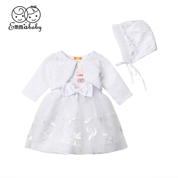 

baby girls ivory lace crochet 3pcs clothes set babies party dress solid white color floral bowknot ball gown bonnet jacket 0-18m