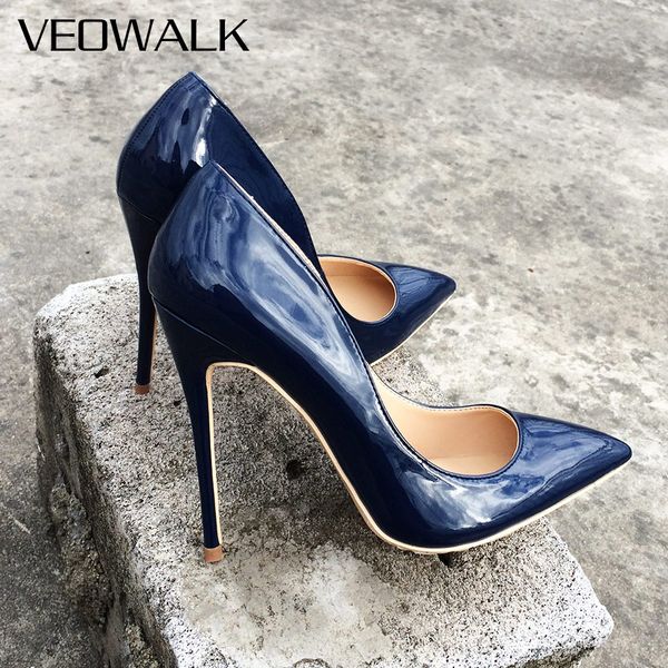 

veowalk italian style women pointed toe high heels gloss patent leather stilettos ladies solid color pumps shoes navy blue, Black