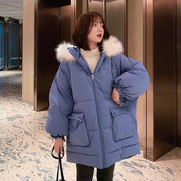 

women's down & parkas 2021 winter jackets for women hooded solid long korean style thick loose big pockets cotton padded coat ladies, Black