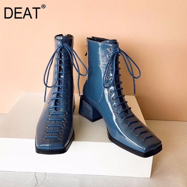 

deat] 2019 square toe bandage personality patent leather velvet women high heels short boots new autumn winter fashion 10f166, Black