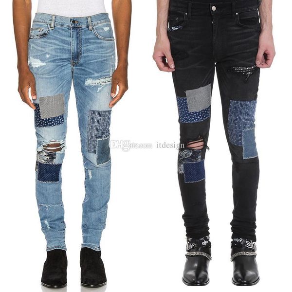 

men's vintage heavy craft washed fashion trend skinny leg fit stretch denim pants multi patchwork cowboy, Blue