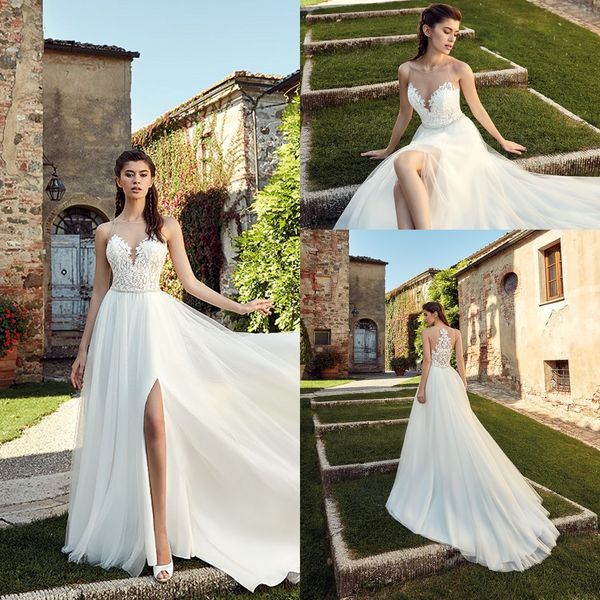 

simple elegant summer beach lace wedding dresses 2019 a line chiffon side split lace appliques illusion bodices wedding bridal gowns, White