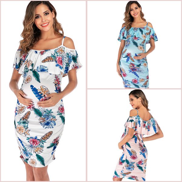 

2020 new summer women's polyester nursing dress maternity pregnant short sleeve shoulderless casual comfy floral print dresses, White