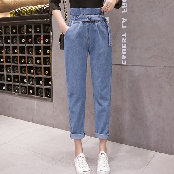 

women jeans denim pants 2019 spring summer fashion female vintage loose casual elastic waist jeans demin straight pant trousers, Blue
