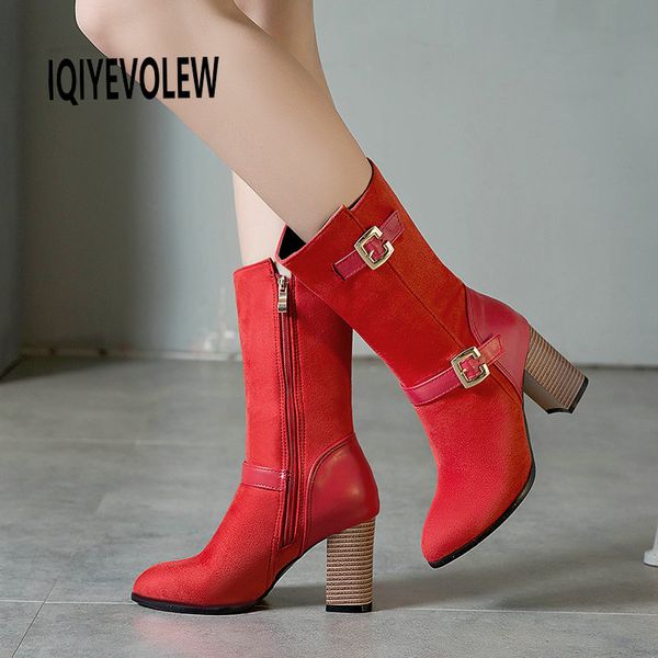 

mid calf boots women vintage buckle chunky high heels warm short plush botas mujer side zippers ladies booties shoes red, Black