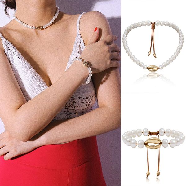 

vintage fashion pearl shell necklace choker simple elegant wild beaded gold pendant necklace for women's jewelry wedding gift, Golden;silver