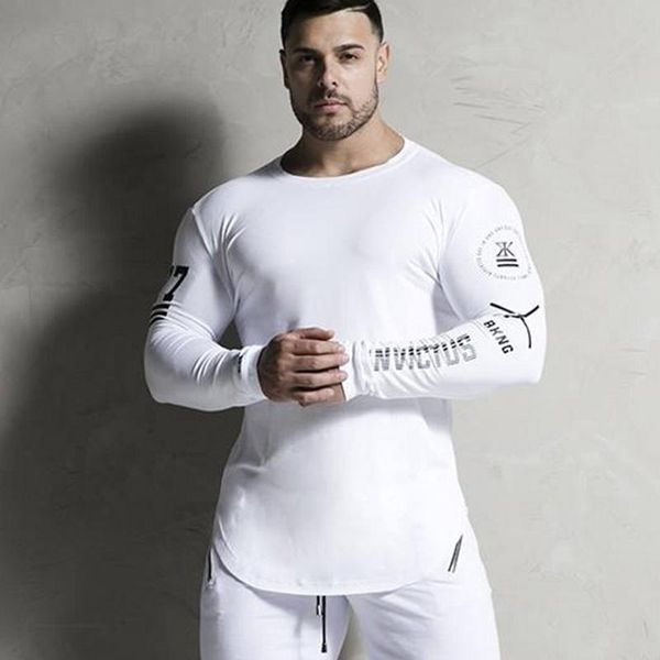 

men bodybuilding long sleeve t shirt man casual fashion skinny t-shirt male gyms fitness workout tees jogger brand clothing, White;black
