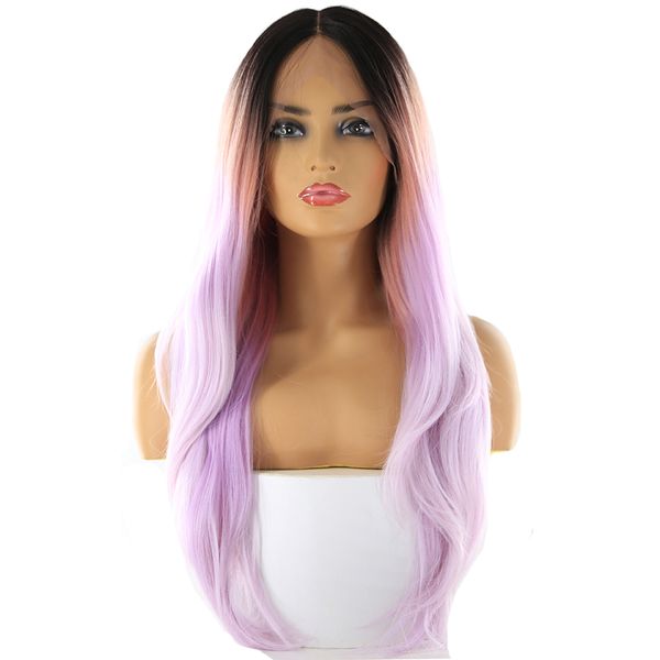 

middle part long hair 28inch natural wave wig heat resistant dark roots synthetic lace front wigs for black women, Black;brown