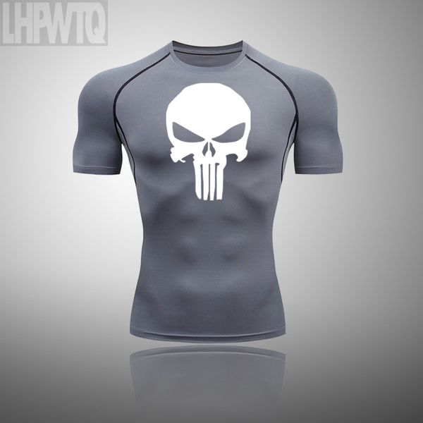 

men's skull running shirt quick-drying fitness tight football shirt compression punisher sweatshirt men's gym t-shirt, Black;blue
