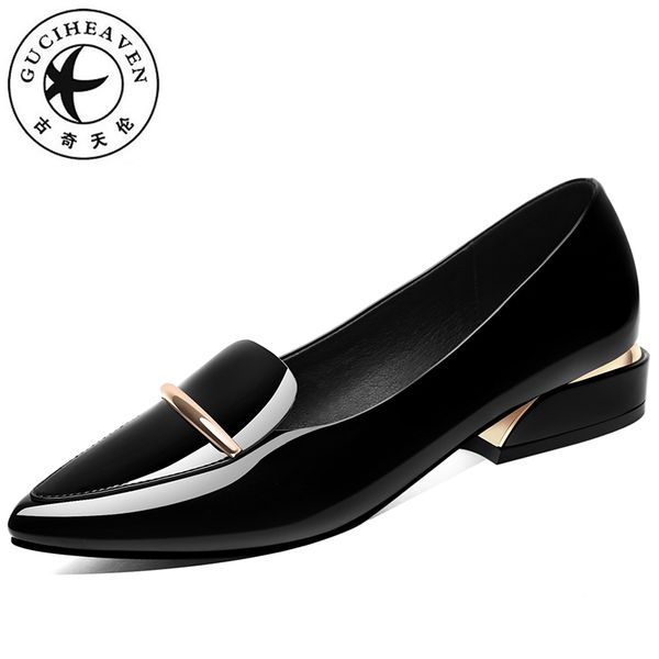 

guciheaven women shallow pumps office pointed toe slip-on dress shoes low heels 2.8cm mirror surface patent leather red sole, Black