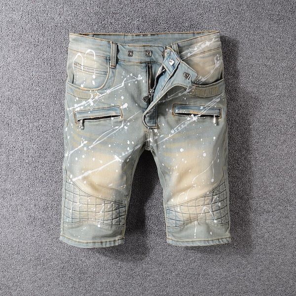 

мода мужские джинсы шорты мотоцикл байкер джинсы рок возрождение короткие брюки тощий тонкий разорвал отверстие мужские джинсовые шорты диза, Blue