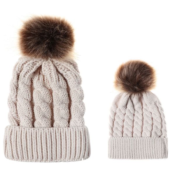 

2pcs famliy winter autumn knit hat suit warm windproof wool hat thicken beanie solid color knitted wool cap